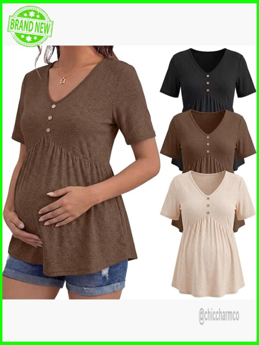 3 Pack Maternity Tunic Tops Short Sleeve V Neck Flowy Pregnancy Shirts